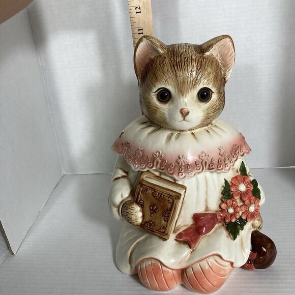 Vintage Ceramic Cookie Jar Kitty Cat in Dress Book Flowers Beautiful Eyes Japan - Picture 12 of 12
